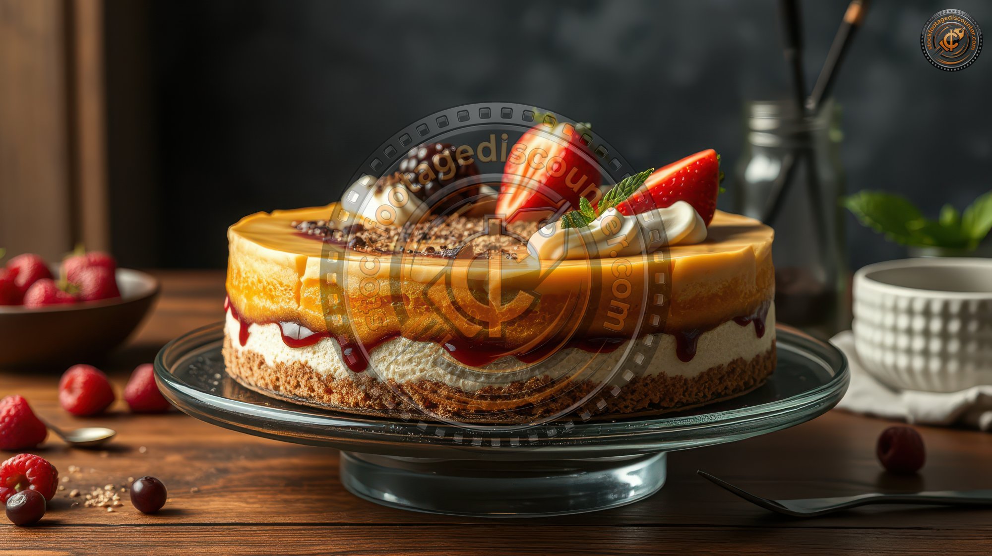 Decadent cheesecake topped with fresh berries served on a wooden table in a cozy setting