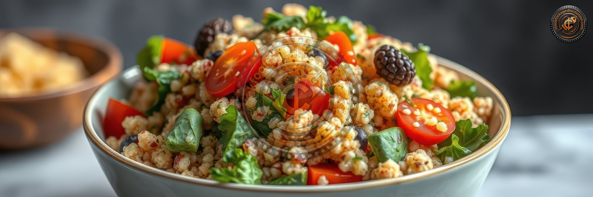 Colorful quinoa salad with cherry tomatoes and blackberries served in a bowl