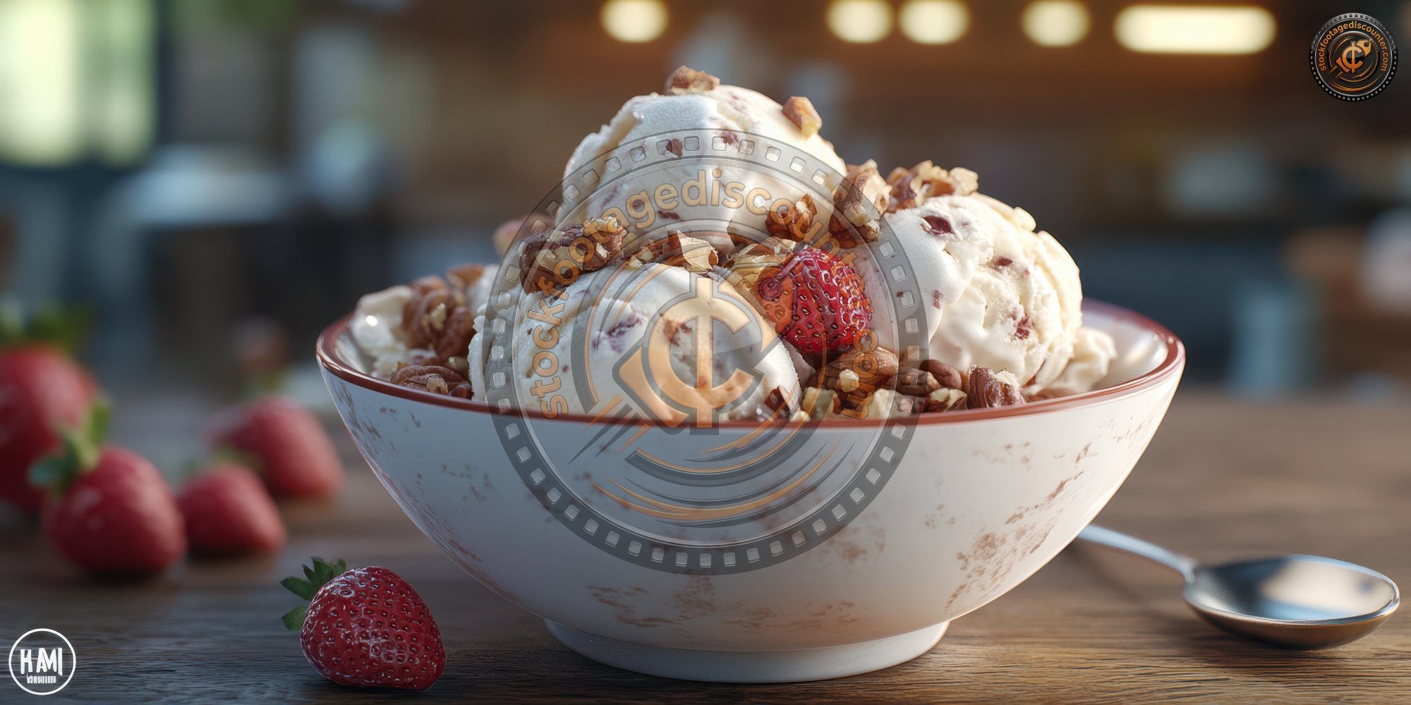 A Bowl Of Ice Cream With Nuts And A Spoon On A Wooden Table The Bowl Is Filled With Three Scoops Of Ice Cream And A Few 1737755285 Gigapixel Standard 6x