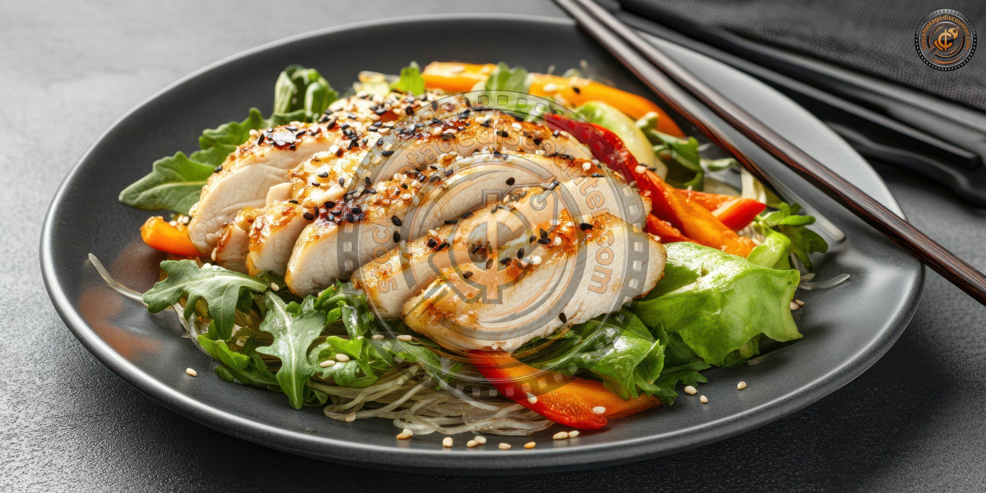 Asian Salad With Glass Noodles Chicken And Vegetables Carrots Bell Peppers And Sesame Seeds On A Gray Plate With Chopsti 1736241225 Gigapixel Standard 6x