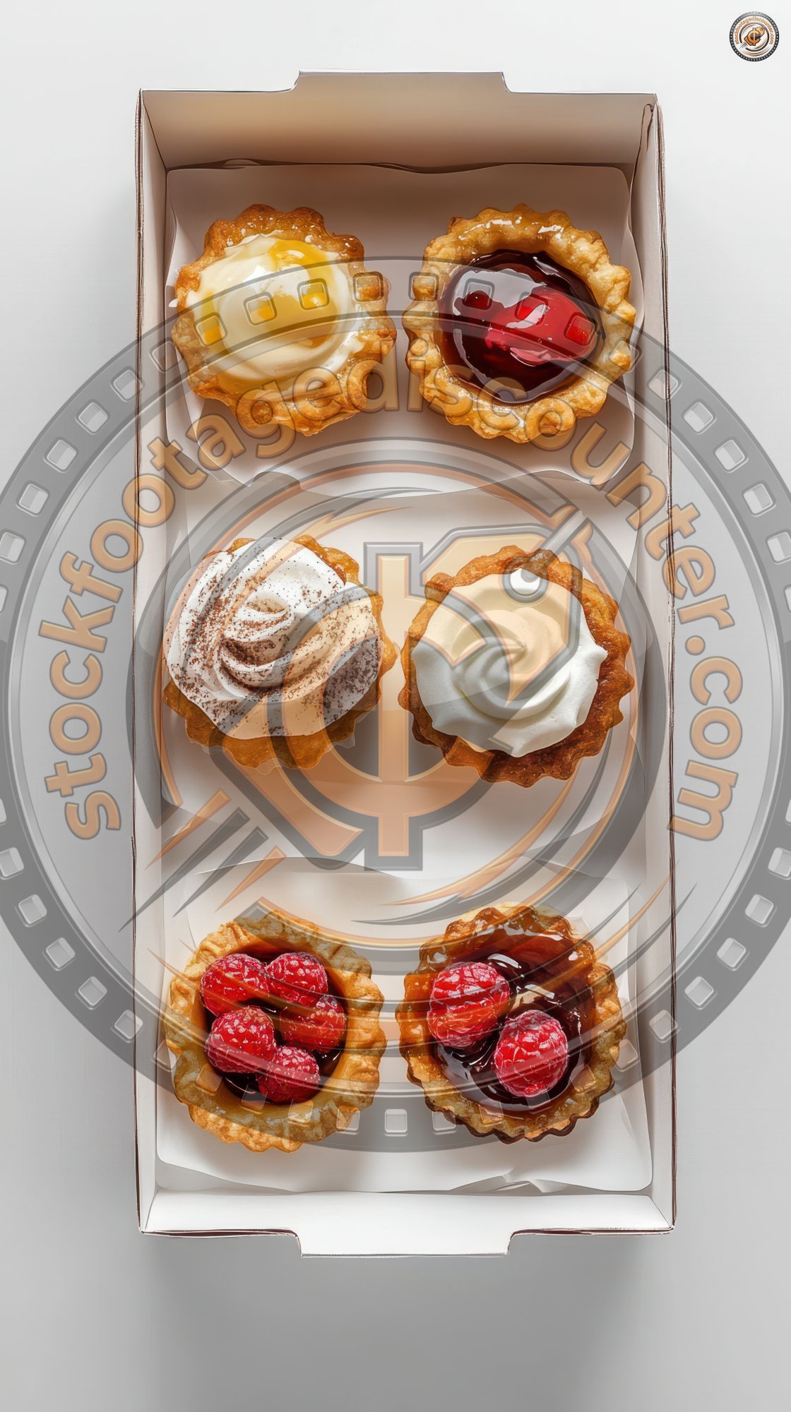 A box of six mini tarts with various toppings, including fruit, cream, and chocolate