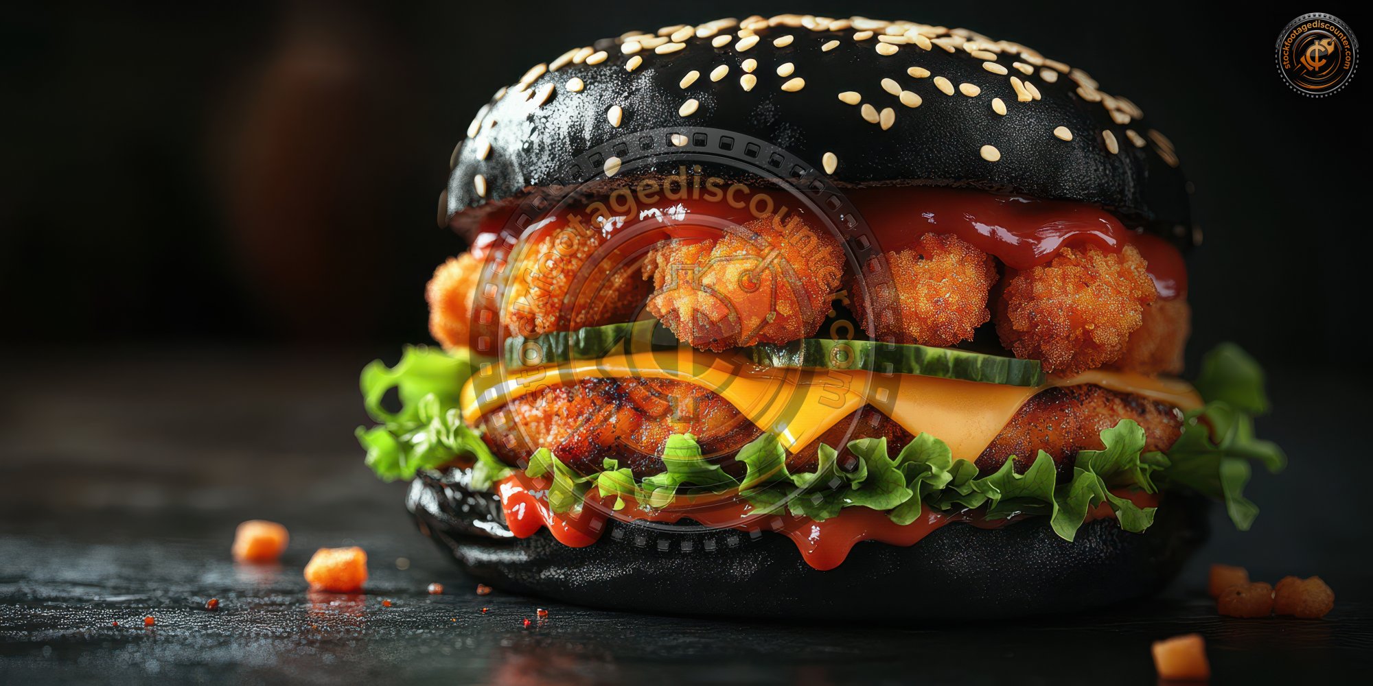 Juicy Burger With Black Buns With Chicken Nuggets Cheese Cucumber And Tomato Sauce On A Dark Background Chicken Cheesebu 1737448875 Gigapixel Standard 6x