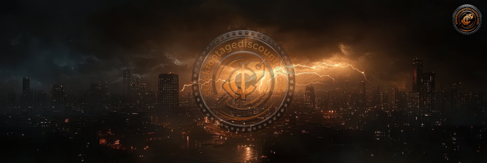 Lightning strikes over a city at night