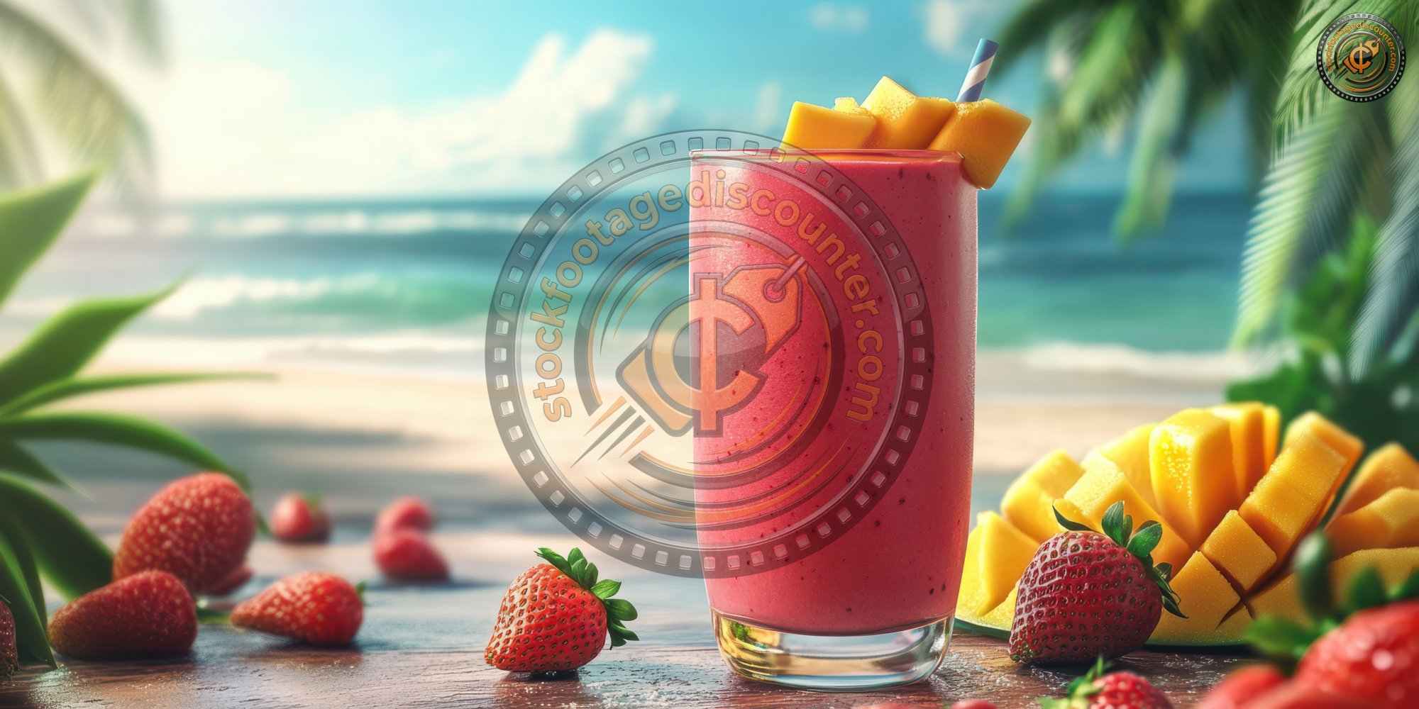 Refreshing tropical smoothie with strawberries and mango on a sunny beach