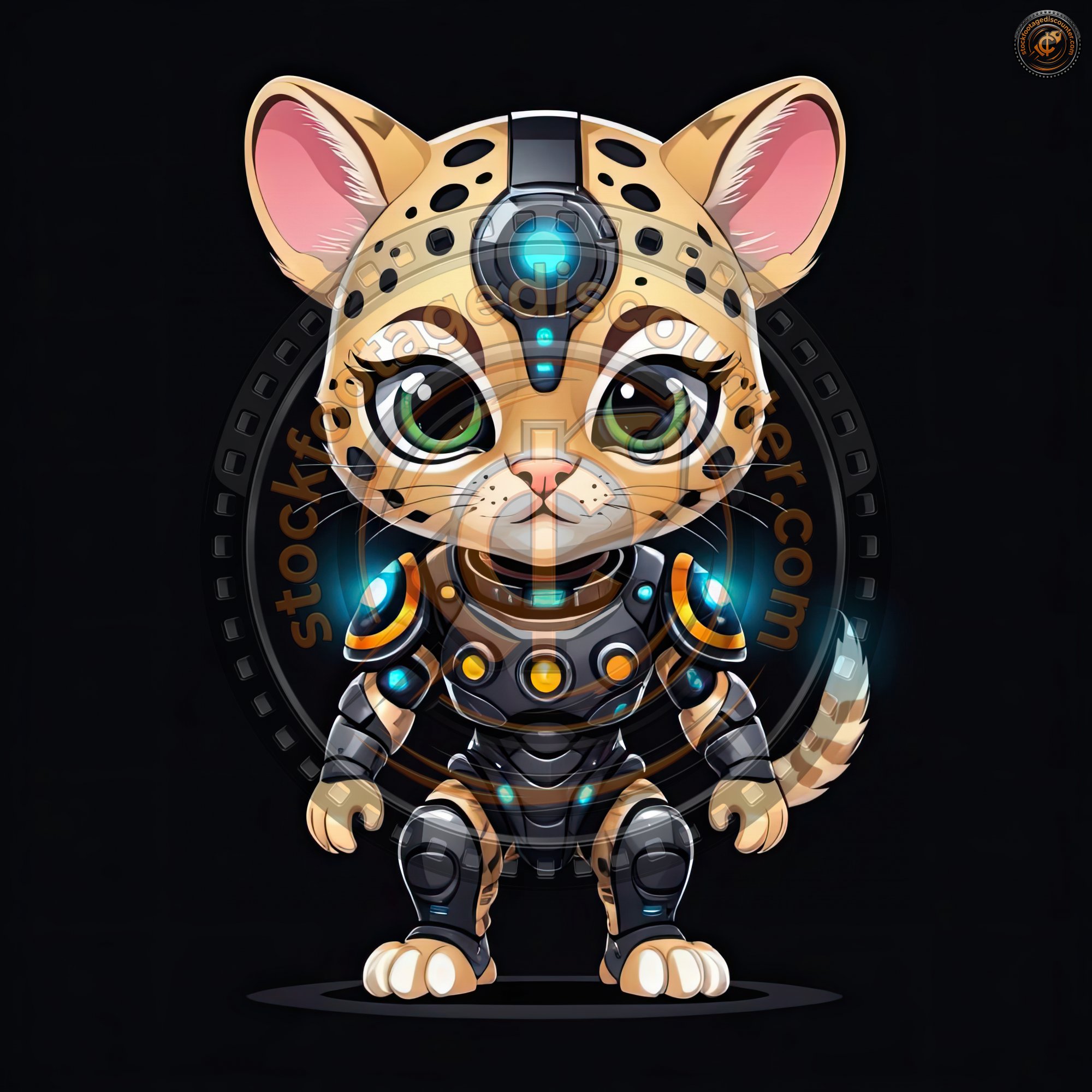 A cute, cartoon cheetah wearing futuristic armor stands against a black background