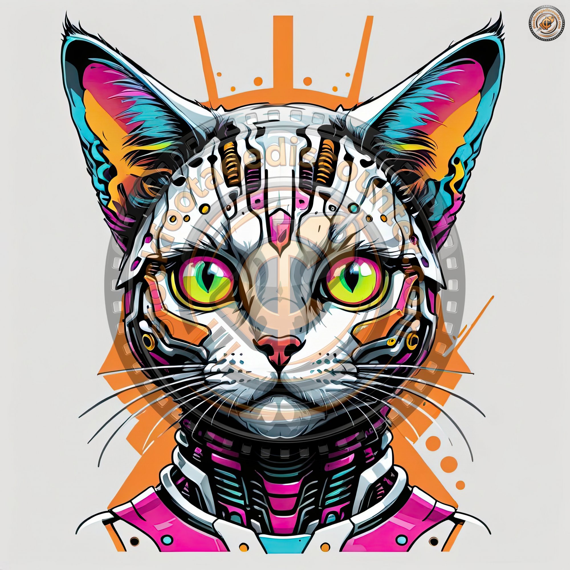 A colorful, futuristic cat with green eyes stares directly at th