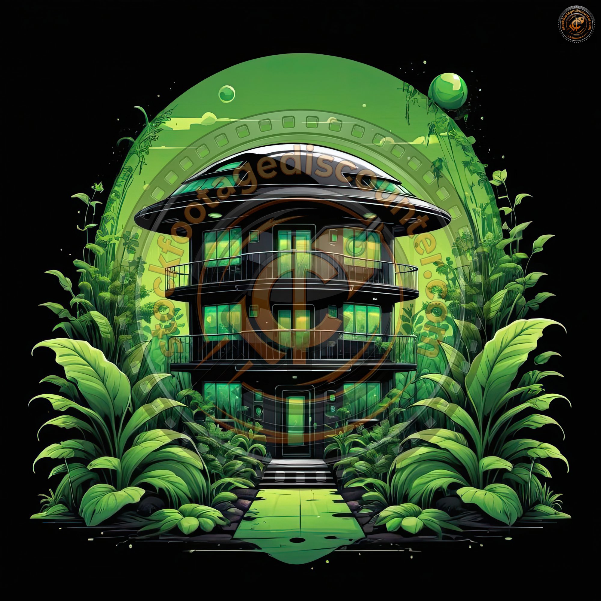 A futuristic, dome-shaped house sits nestled within lush green foliage, offering a glimpse into an imaginative future