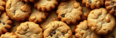 Freshly baked cookies arranged neatly on a platter with a golden brown color and chocolate chips