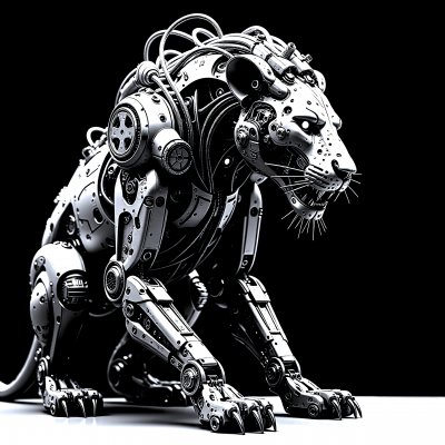 A   m e c h a n i c a l   p a n t h e r   w i t h   g l o w i n g   g r e e n   e y e s   s i t s   o n   a   d a r k   s u r f a c e ,   i t s   s l e e k ,   m e t a l l i c   b o d y   g l e a m i n g   i n   t h e   l i g h t