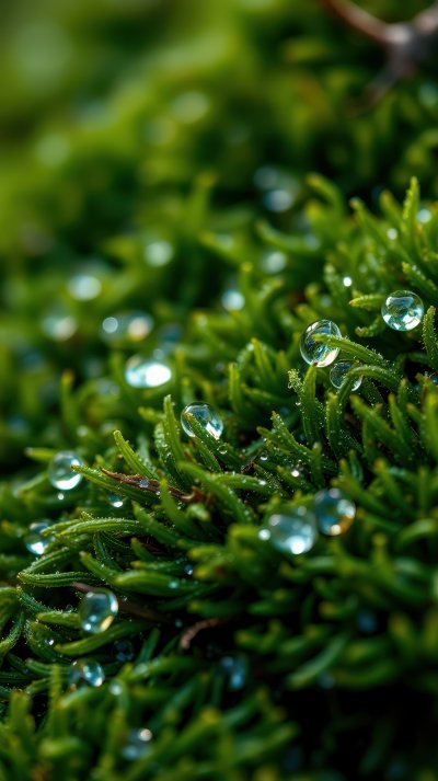 Morning dew clings to vibrant green moss