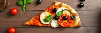 A slice of pizza with eggplant, tomato, basil, and olives sits on a wooden table