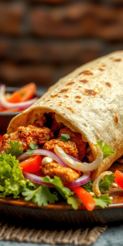 Delicious wrap filled with spiced chicken, fresh vegetables, and herbs served on a wooden platter