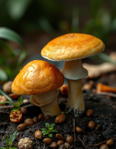 Two vibrant orange mushrooms growing together in a lush forest environment during daytime