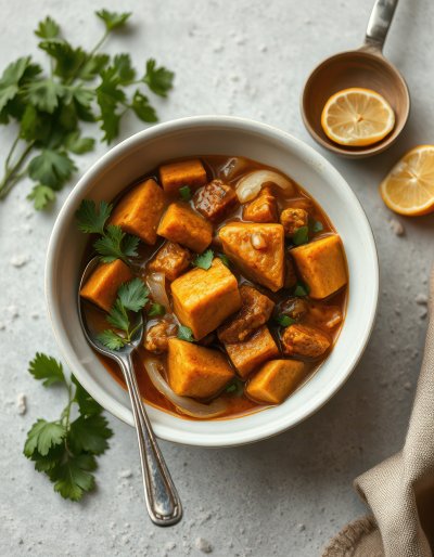 Sweet potato and tempeh stew simmers in a bowl garnished with fresh parsley