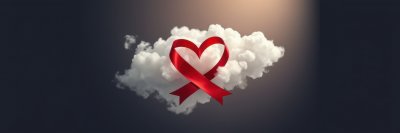 A digital artwork depicts a red ribbon, formed into a heart shape, nestled within a soft, white cloud formation against a dark gray background