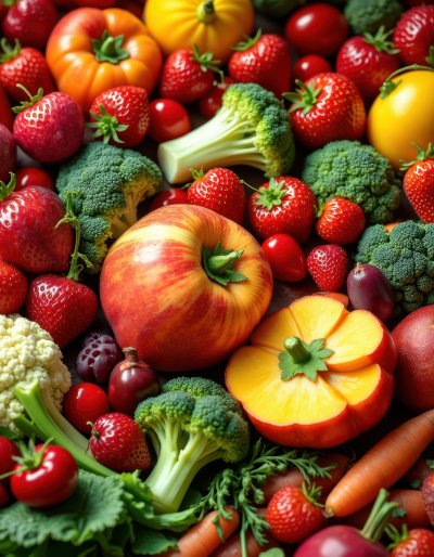 A close-up of fresh, colorful fruits and vegetables, including strawberries, apples, broccoli, and carrots