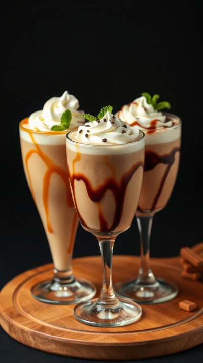 Creamy coffee desserts served in elegant glasses with chocolate drizzle and mint garnish on a wooden platter