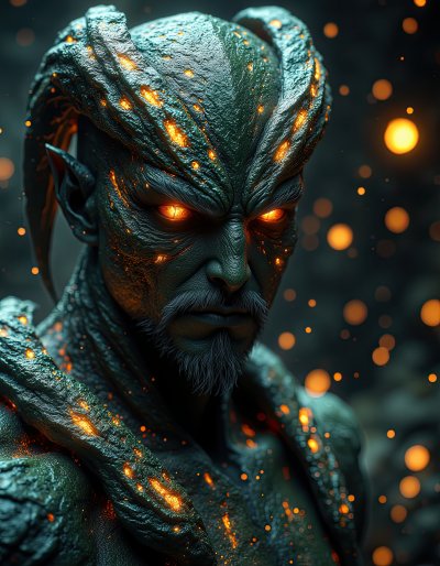 A close-up of a dark, fiery demon with glowing eyes and horns, set against a background of swirling embers