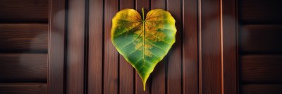 A single leaf, shaped like a heart, is affixed to a dark wooden background