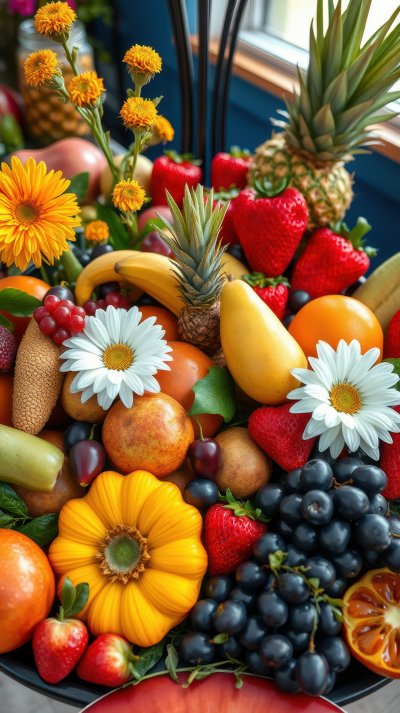 A close-up shot of a colorful fruit arrangement with a yellow squash in the center