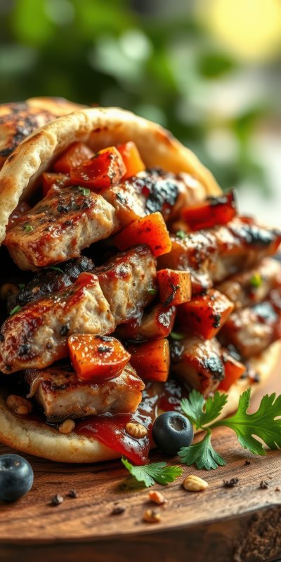 Grilled chicken wrapped in pita with roasted vegetables and herbs served on a wooden board