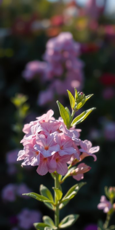 Beautiful pink flowers in a vibrant garden during early morning sunlight