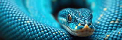 Vibrant blue snake resting on a surface, showcasing intricate scales and vivid colors in a natural setting