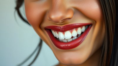 A close-up shot of a woman's smile, showcasing her bright white teeth and red lipstick