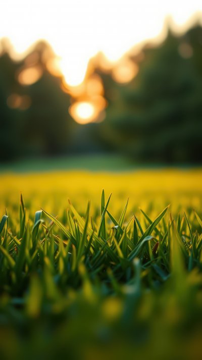 Sunset casts a warm glow over a field of lush green grass during a tranquil evening