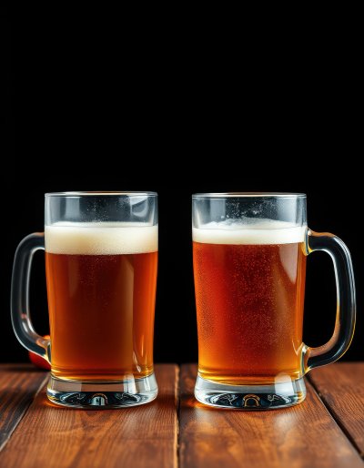 Here's a caption, description, and keywords for the image: Two full mugs of amber beer sit on a dark wood table. A relaxing evening drink