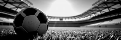 F o c u s   o n   a   s o c c e r   b a l l   r e s t i n g   o n   t h e   g r a s s   i n   a   s u n l i t   s t a d i u m   d u r i n g   a   c l e a r   d a y   w h i l e   o b s e r v i n g   t h e   s t a n d s