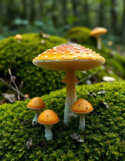 Bright orange mushrooms grow on lush green moss in a tranquil forest setting