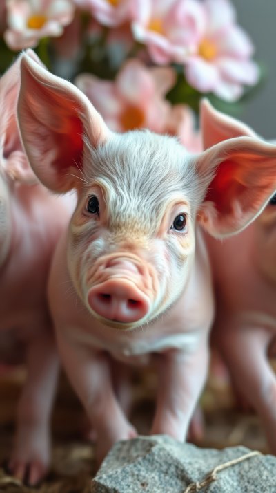 A piglet with large ears looks directly at the camera, with a rock in the foreground and pink flowers in the background