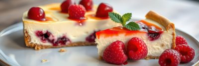 Delicious raspberry cheesecake served on a plate with fresh raspberries and mint garnish