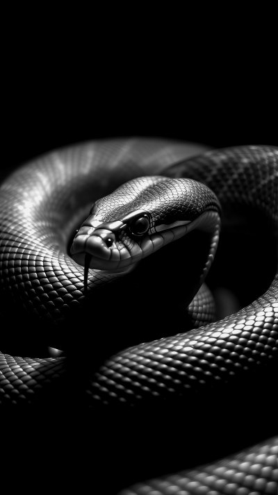 C a p t i v a t i n g   c l o s e - u p   o f   a   b l a c k   s n a k e   w i t h   i n t r i c a t e   s c a l e s   i n   a   d a r k   s e t t i n g