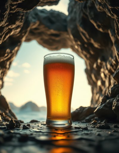 A tall glass of light-colored beer rests on dark rocks within a natural rock cave