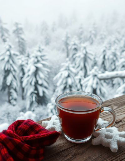 Warm drink on a wooden table overlooking a snowy forest in winter