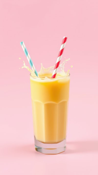 Refreshing yellow smoothie with colorful straws in a glass against a pink background