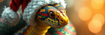 Colorful snake wearing festive Santa hat celebrates holiday season with vibrant background lights