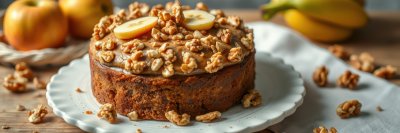Delicious homemade cake topped with fresh walnuts and banana slices on a rustic wooden table