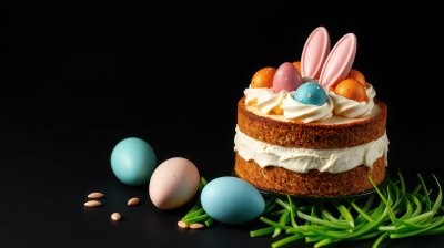 Delightful Easter cake decorated with colorful eggs and bunny ears sitting on a black background