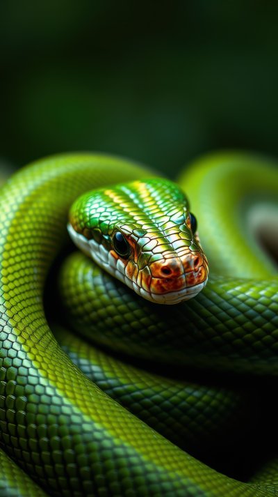 Green tree python resting on a branch in a lush rainforest during daylight