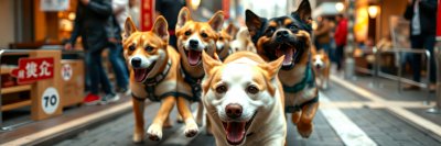 S e v e r a l   d o g s   o f   v a r i o u s   b r e e d s ,   i n c l u d i n g   S h i b a   I n u s   a n d   m i x e d   b r e e d s ,   a r e   j o y f u l l y   r u n n i n g   t o g e t h e r   t h r o u g h   a   b u s t l i n g   c i t y   s t r e e t