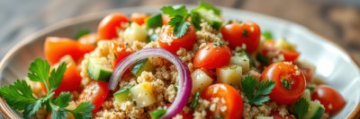 Fresh salad with cherry tomatoes, herbs, and bulgur served in a rustic bowl