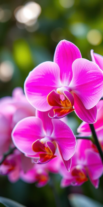 Vibrant pink orchids bloom beautifully in a lush garden during the early morning light