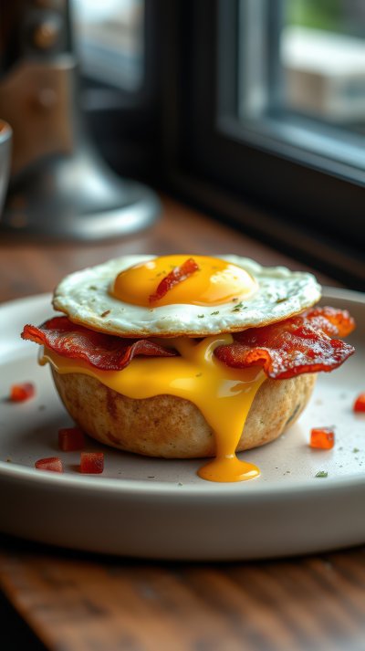 Delicious breakfast dish featuring a golden fried egg, crispy bacon, and gooey cheese served on a toasted bun