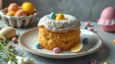 Festive spring dessert featuring decorations and colorful eggs for a holiday celebration