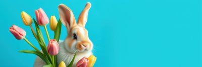 Colorful spring rabbit surrounded by vibrant tulips in a bright blue setting