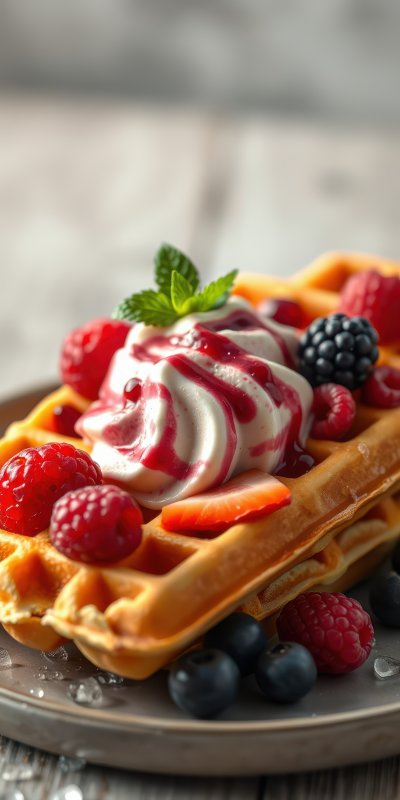 Delightful dessert featuring waffles topped with berries and whipped cream served on a rustic wooden table