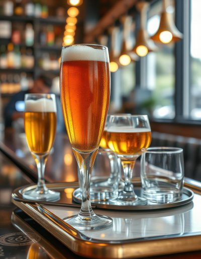 Several elegant glasses of golden beer, some topped with a head of foam, sit on a sleek, metallic tray